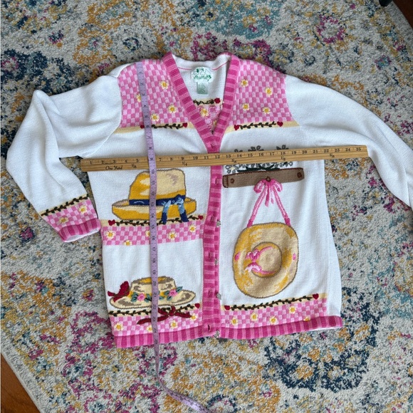 Quacker Factory pink and white cardigan with floral and hat designs. Size L - Picture 11 of 11
